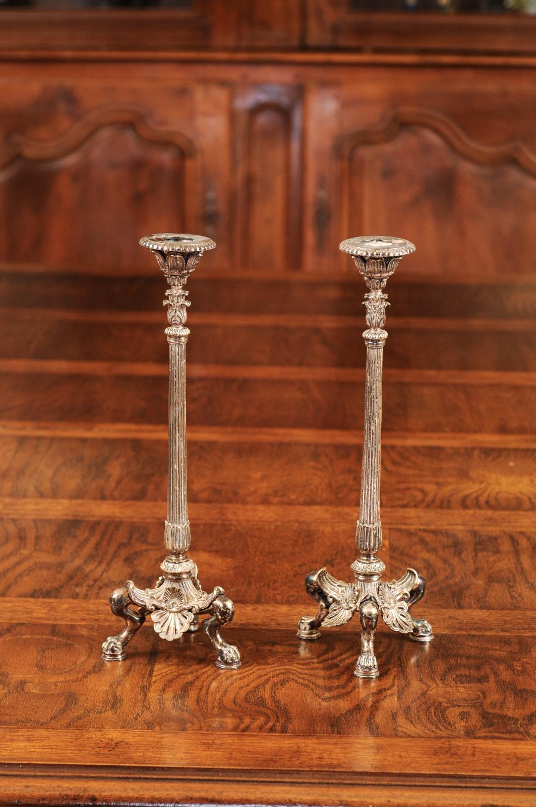 Pair of French 1880s Silver Candlesticks with Foliage, Palmettes and Lion Paws 1