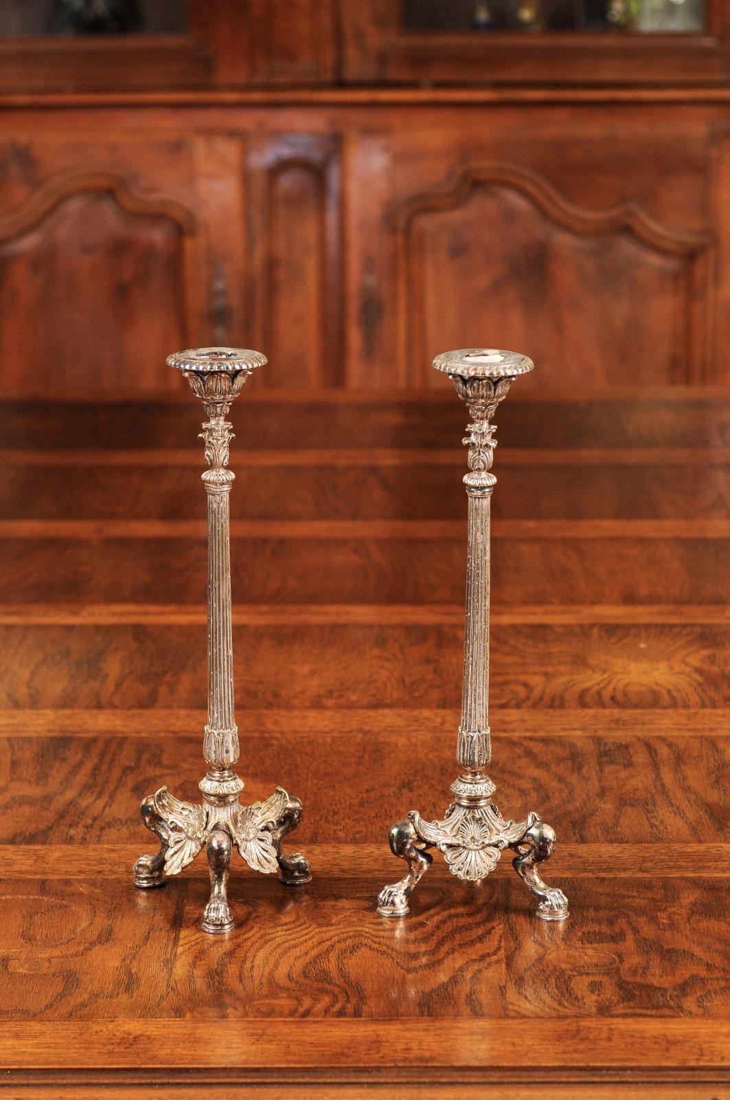 Pair of French 1880s Silver Candlesticks with Foliage, Palmettes and Lion Paws 2
