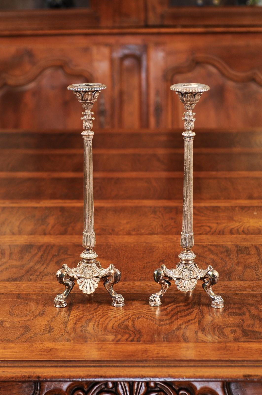 Pair of French 1880s Silver Candlesticks with Foliage, Palmettes and Lion Paws 5