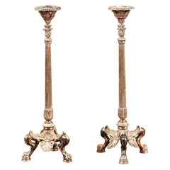 Pair of French 1880s Silver Candlesticks with Foliage, Palmettes and Lion Paws