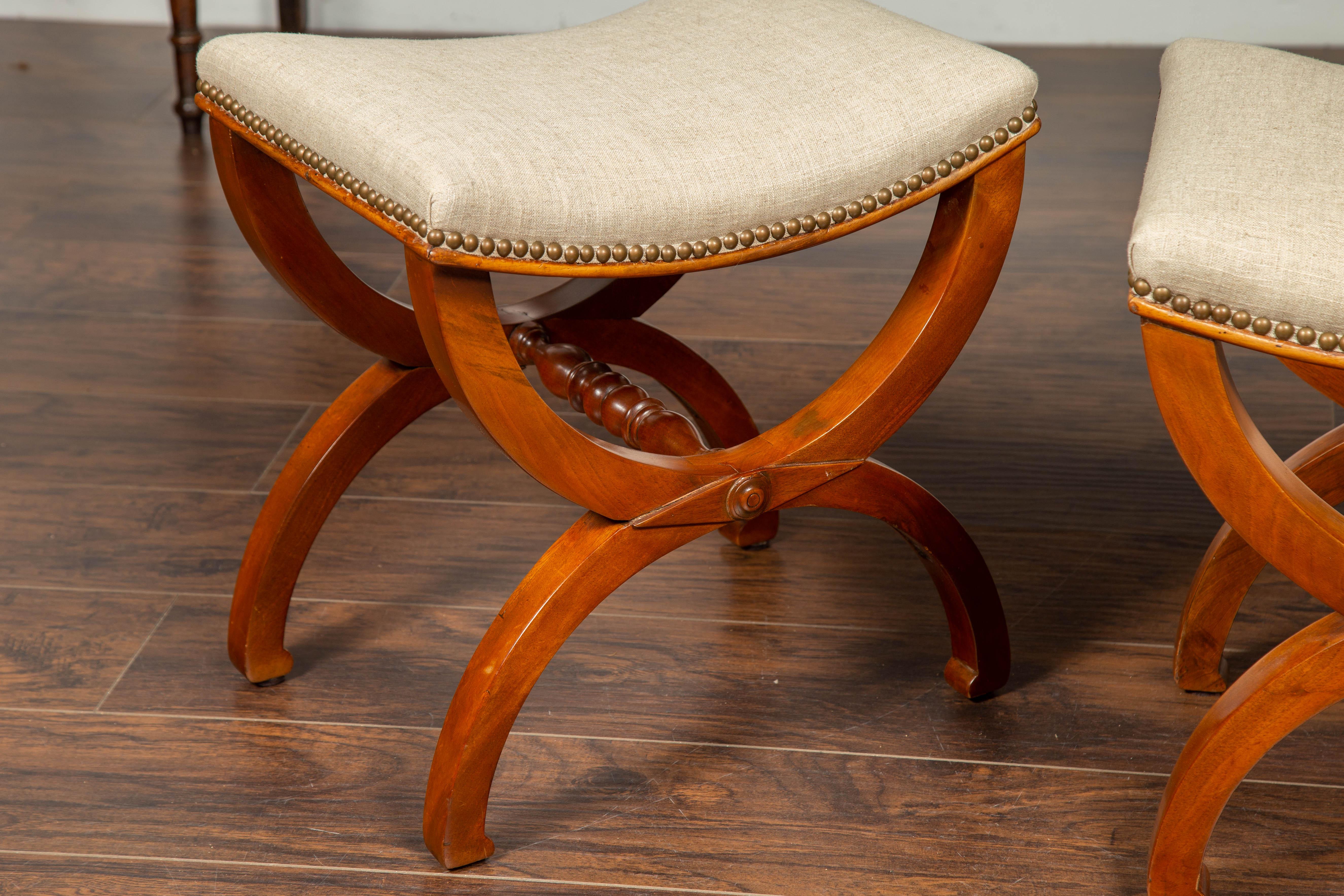 Pair of French 1880s Walnut Empire Style Curule Stools with New Upholstery 6