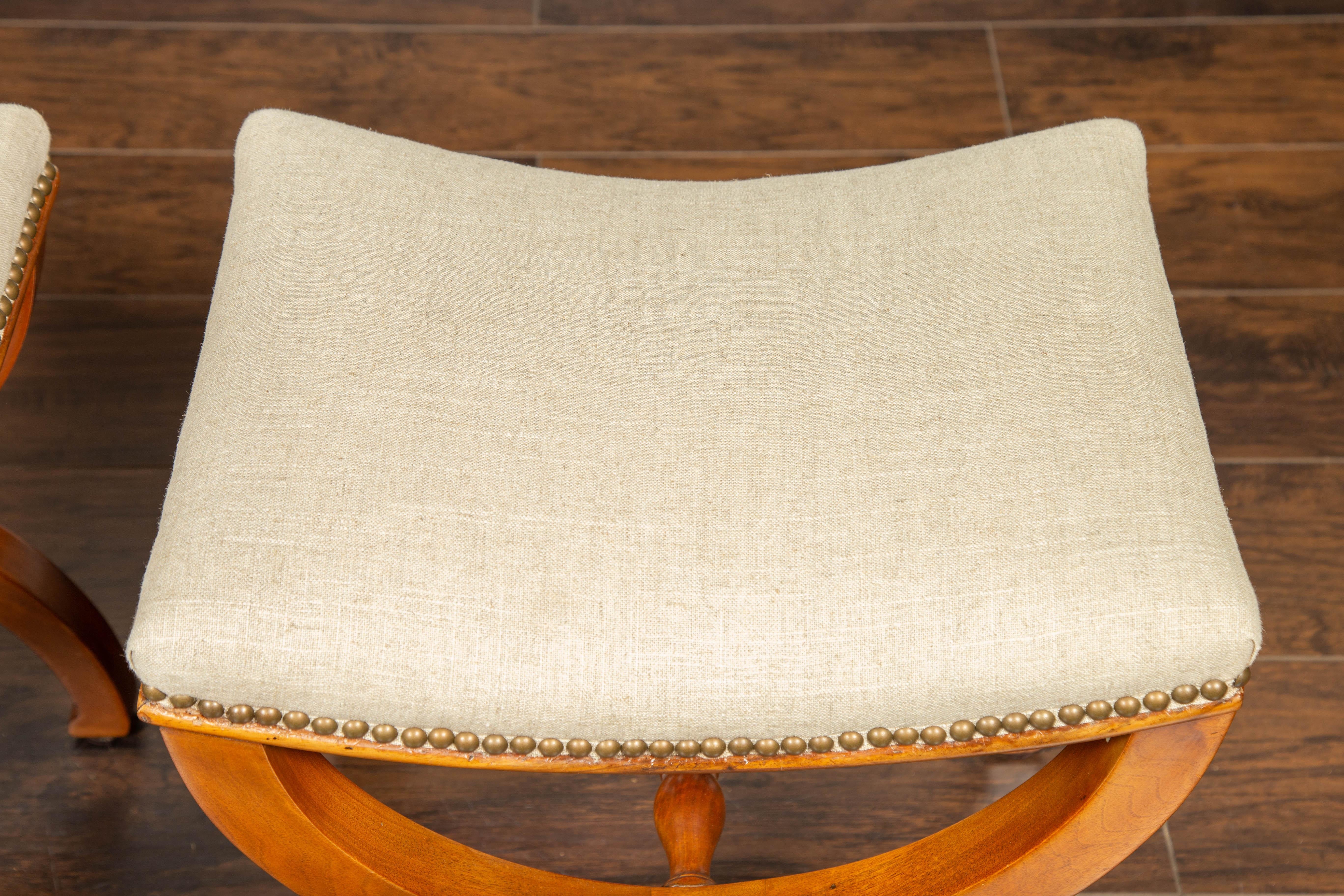 Pair of French 1880s Walnut Empire Style Curule Stools with New Upholstery 8
