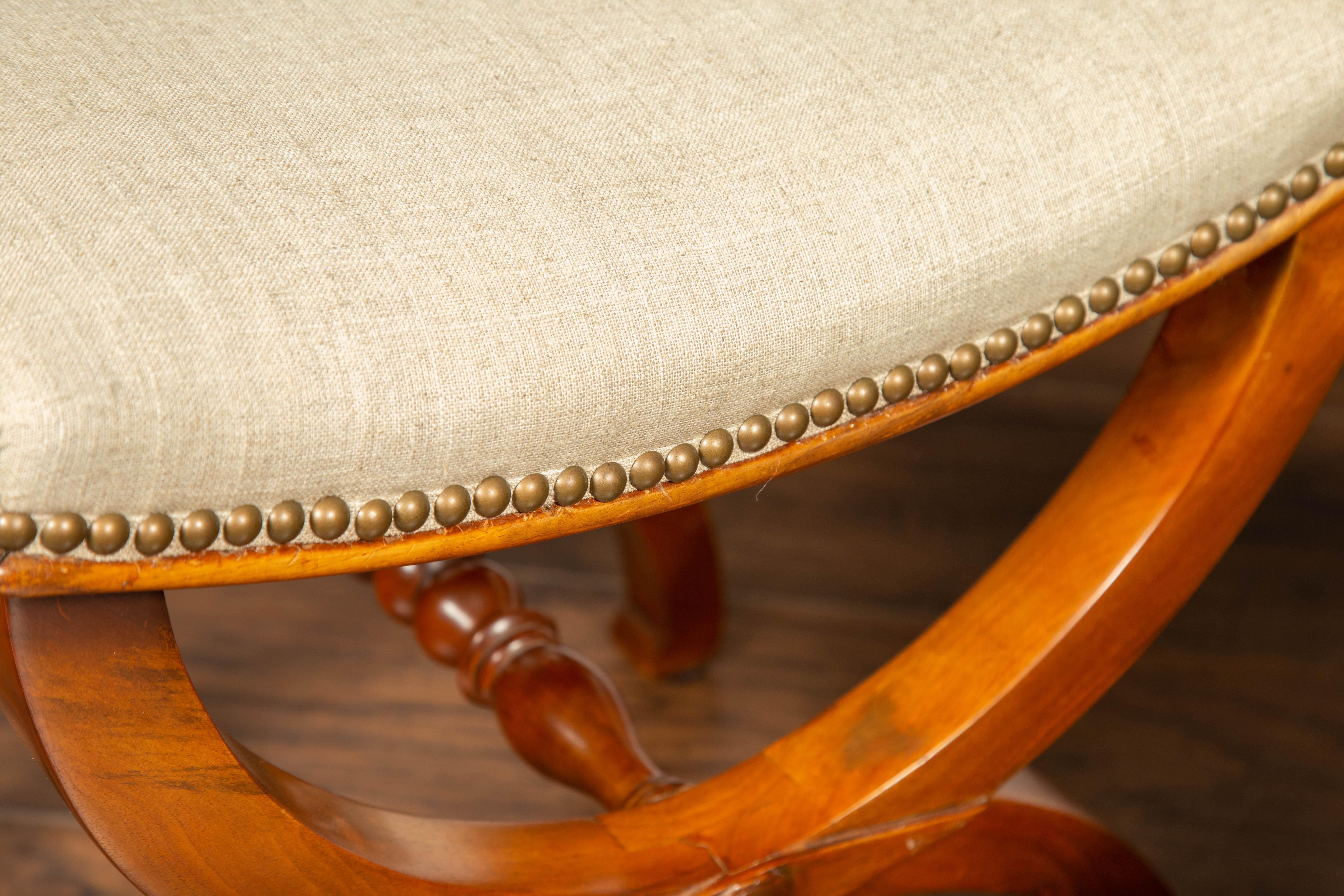 Pair of French 1880s Walnut Empire Style Curule Stools with New Upholstery 9