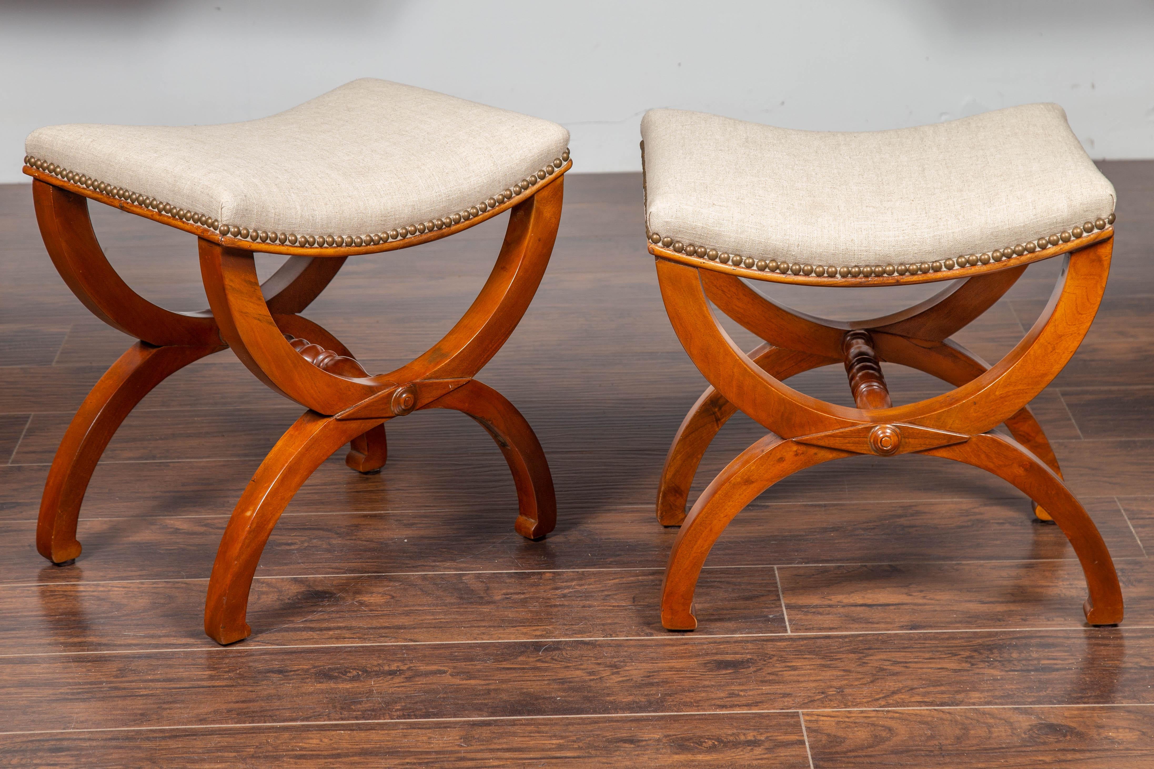 Pair of French 1880s Walnut Empire Style Curule Stools with New Upholstery In Good Condition In Atlanta, GA