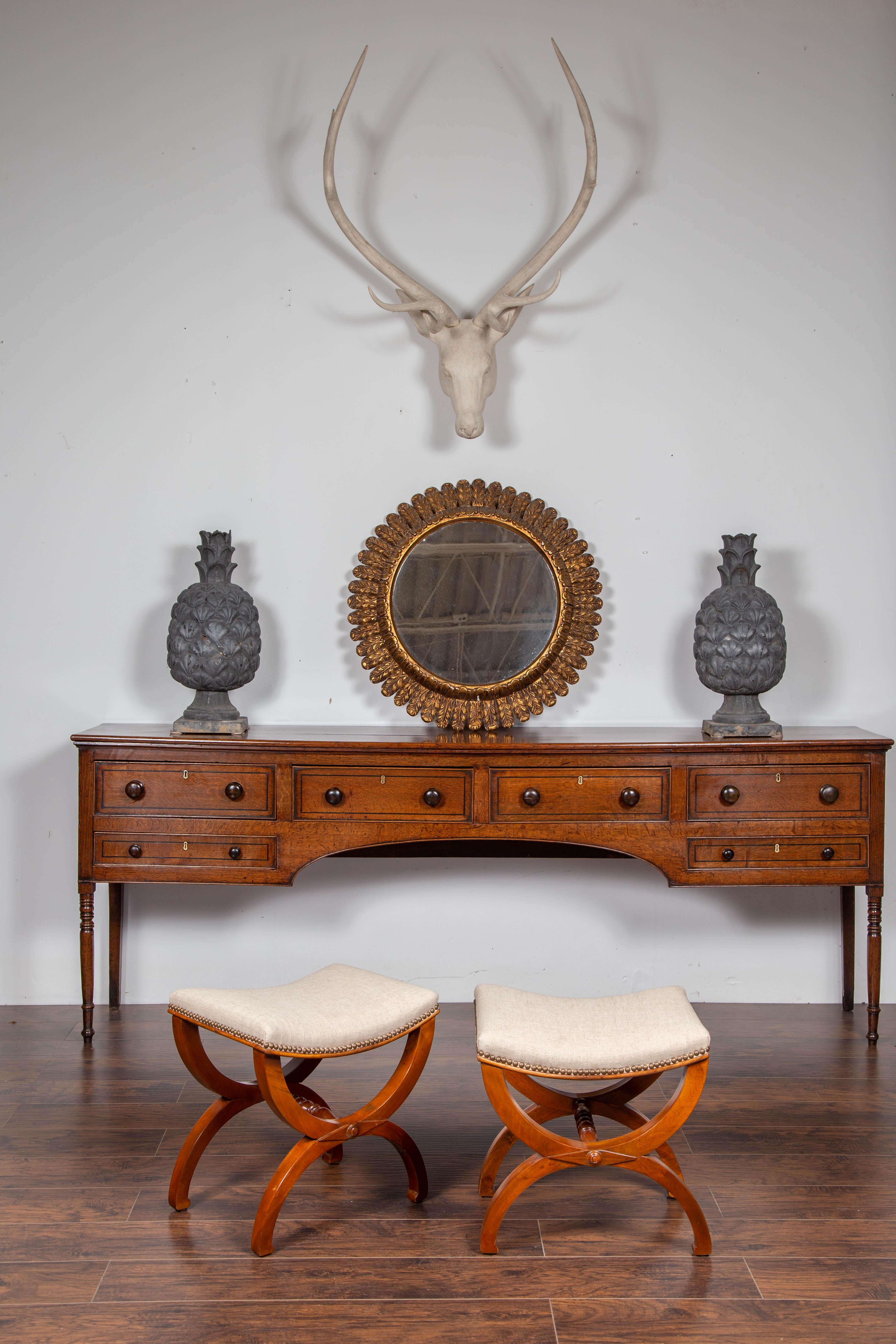 19th Century Pair of French 1880s Walnut Empire Style Curule Stools with New Upholstery