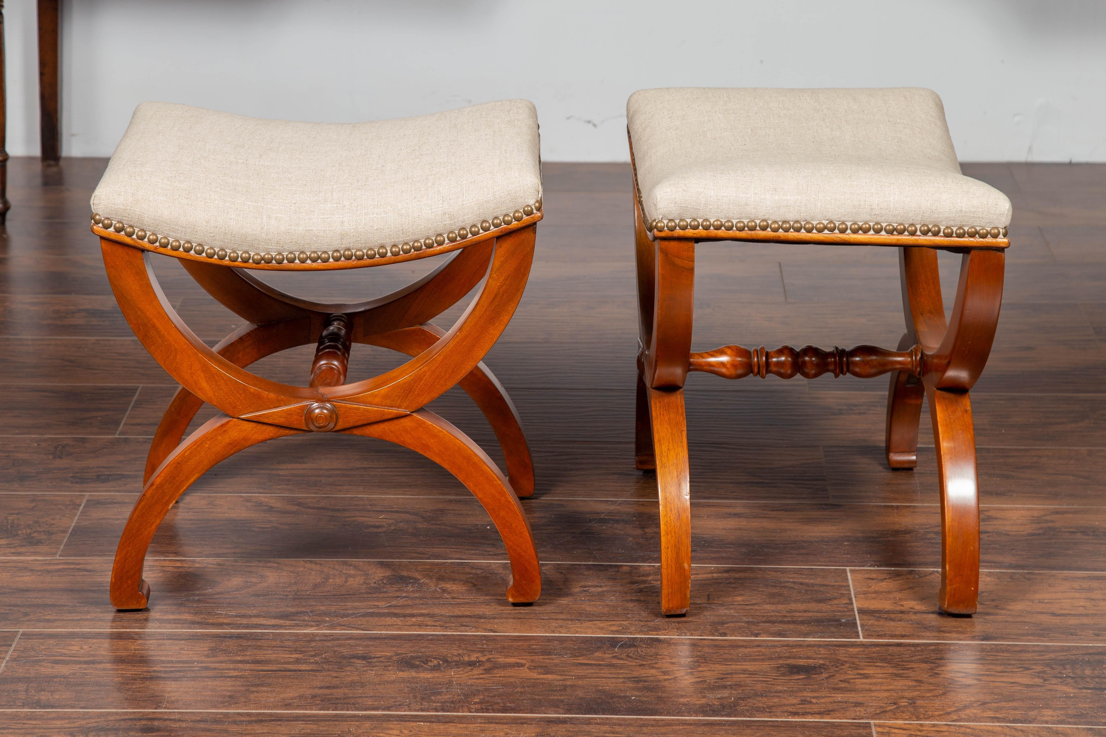 Pair of French 1880s Walnut Empire Style Curule Stools with New Upholstery 1