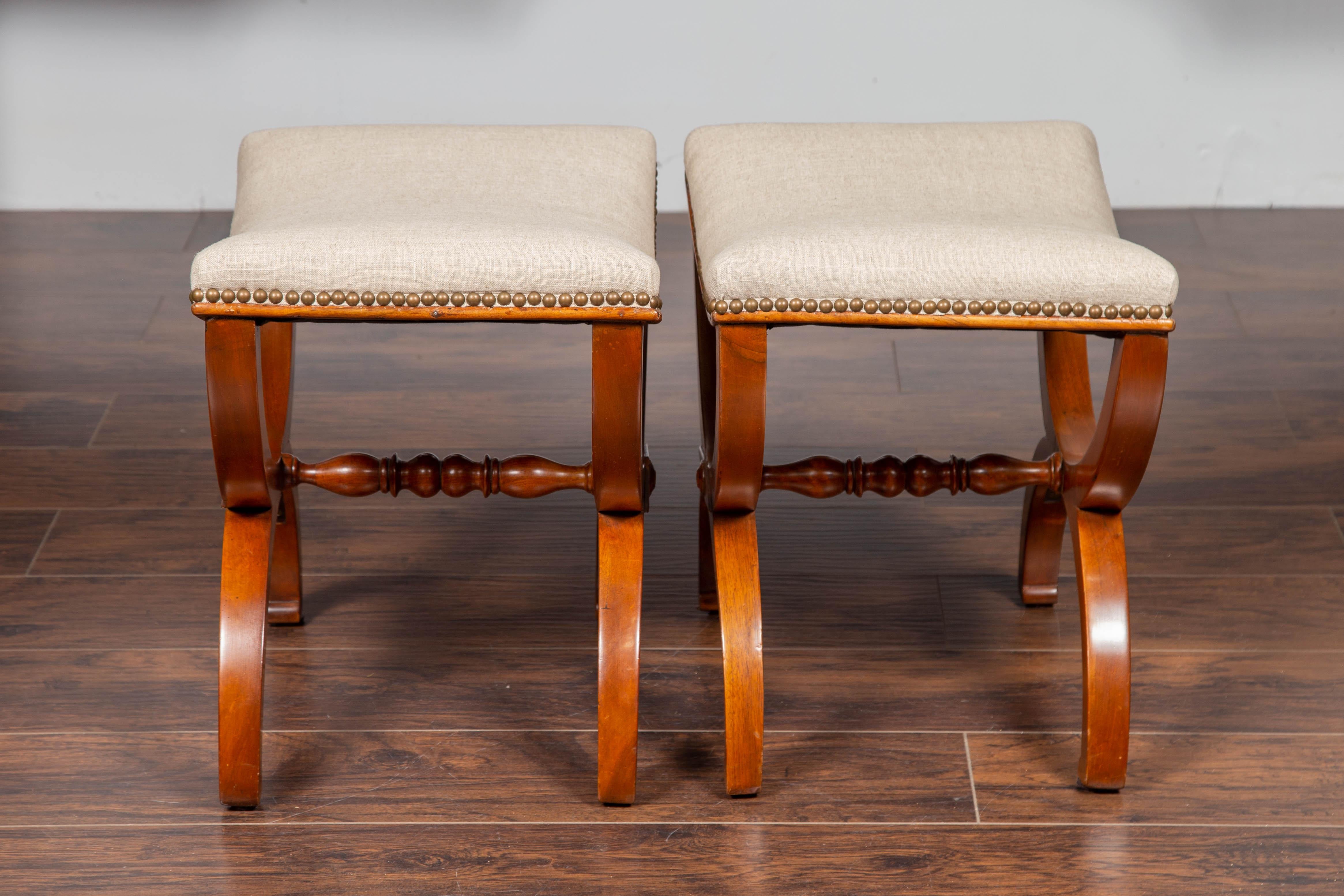 Pair of French 1880s Walnut Empire Style Curule Stools with New Upholstery 2