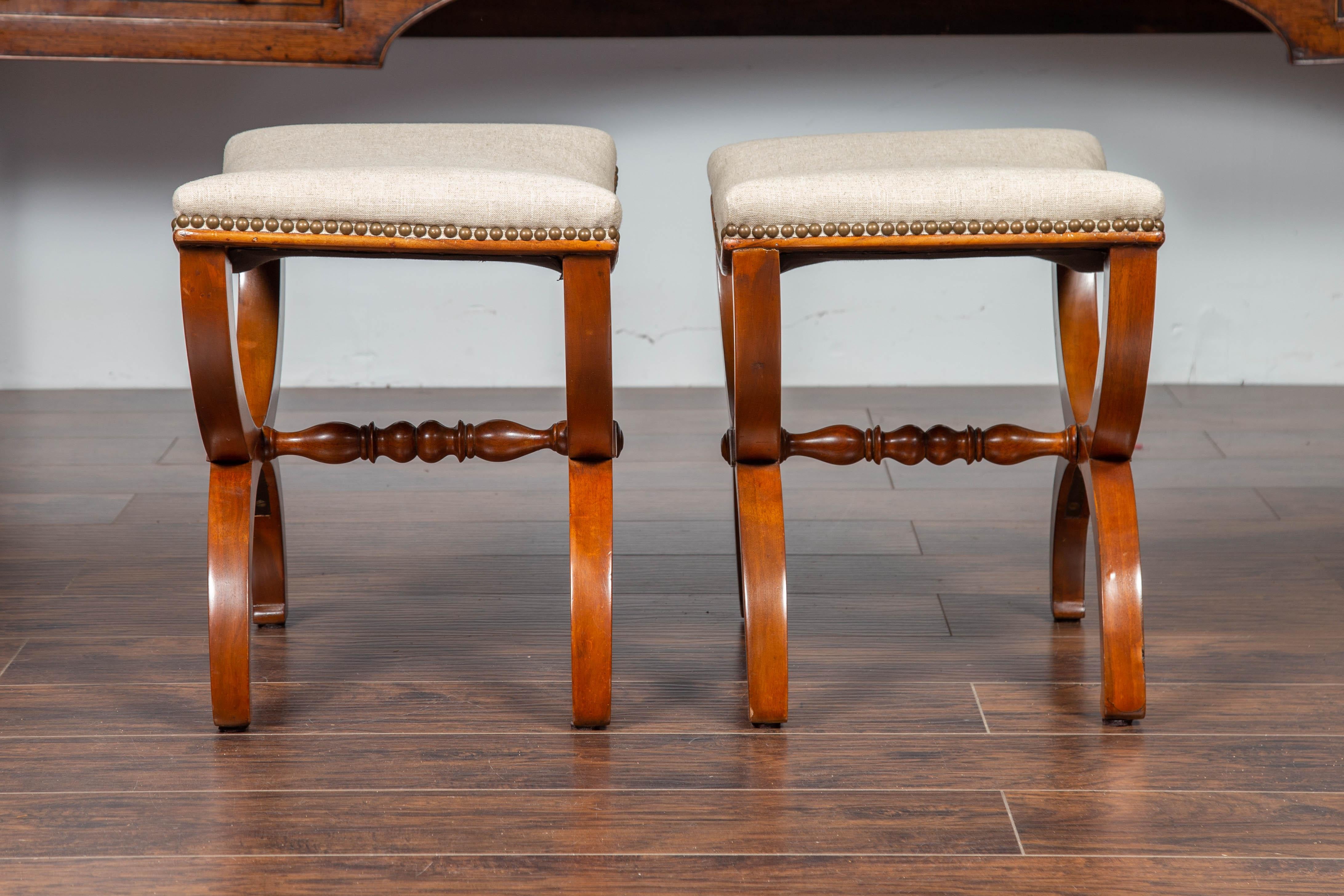 Pair of French 1880s Walnut Empire Style Curule Stools with New Upholstery 3