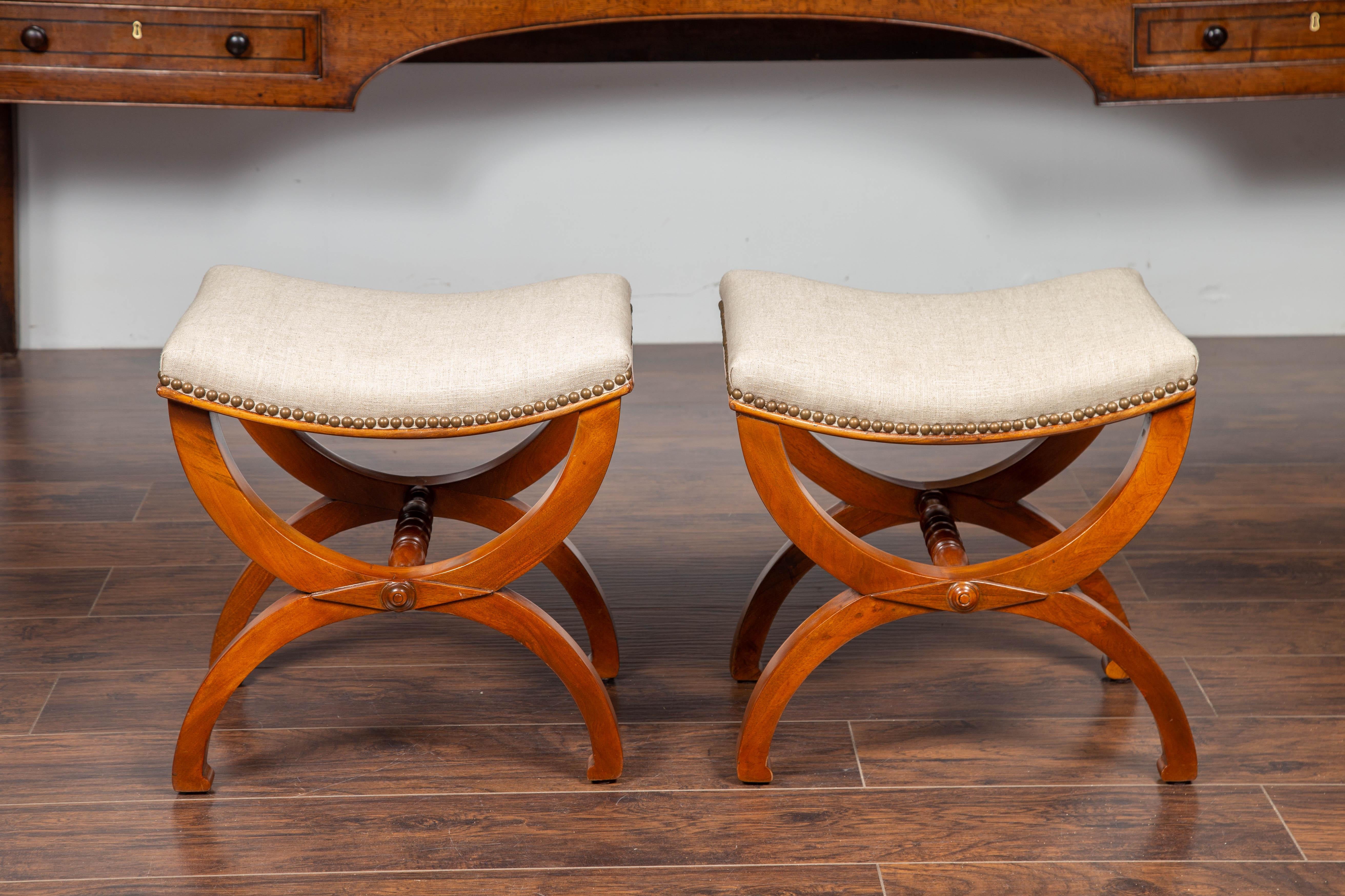 Pair of French 1880s Walnut Empire Style Curule Stools with New Upholstery 4