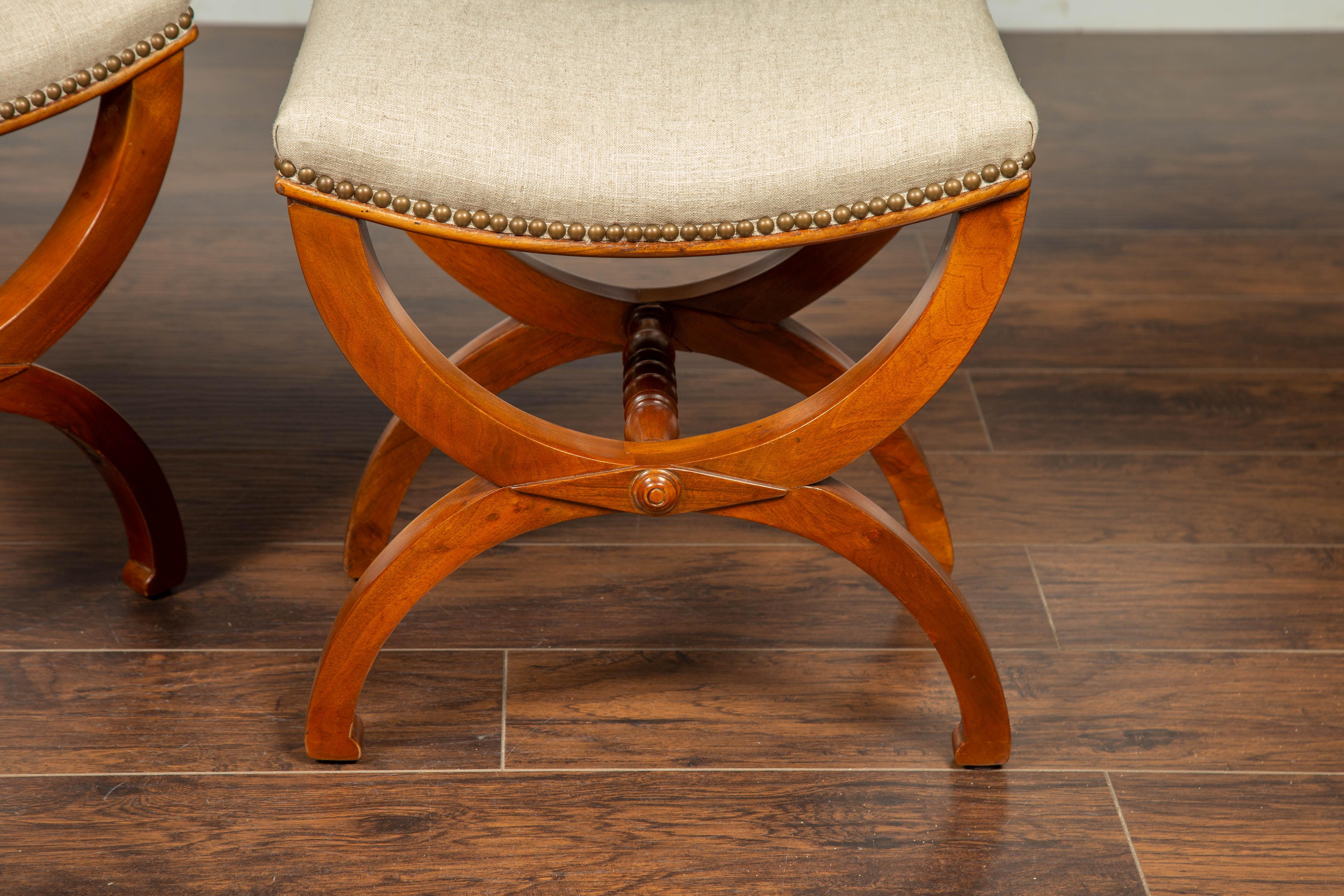 Pair of French 1880s Walnut Empire Style Curule Stools with New Upholstery 5