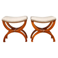 Pair of French 1880s Walnut Empire Style Curule Stools with New Upholstery