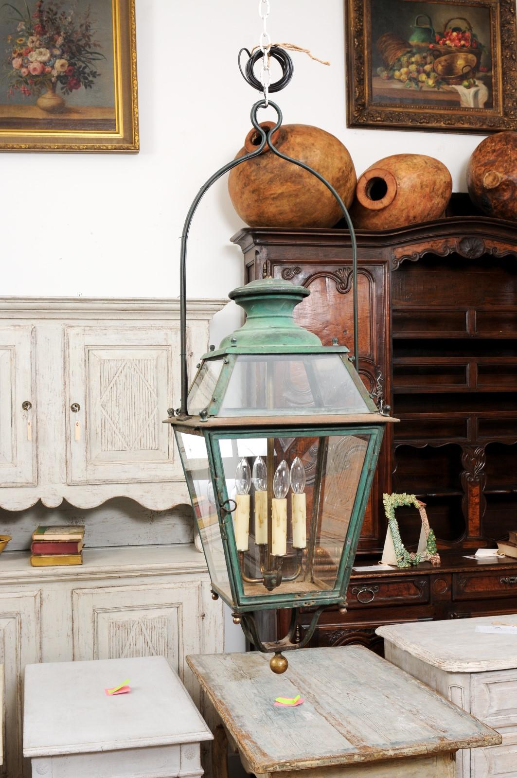 Pair of French 1890s Copper and Glass Four-Light Lanterns with Verdigris Patina 5