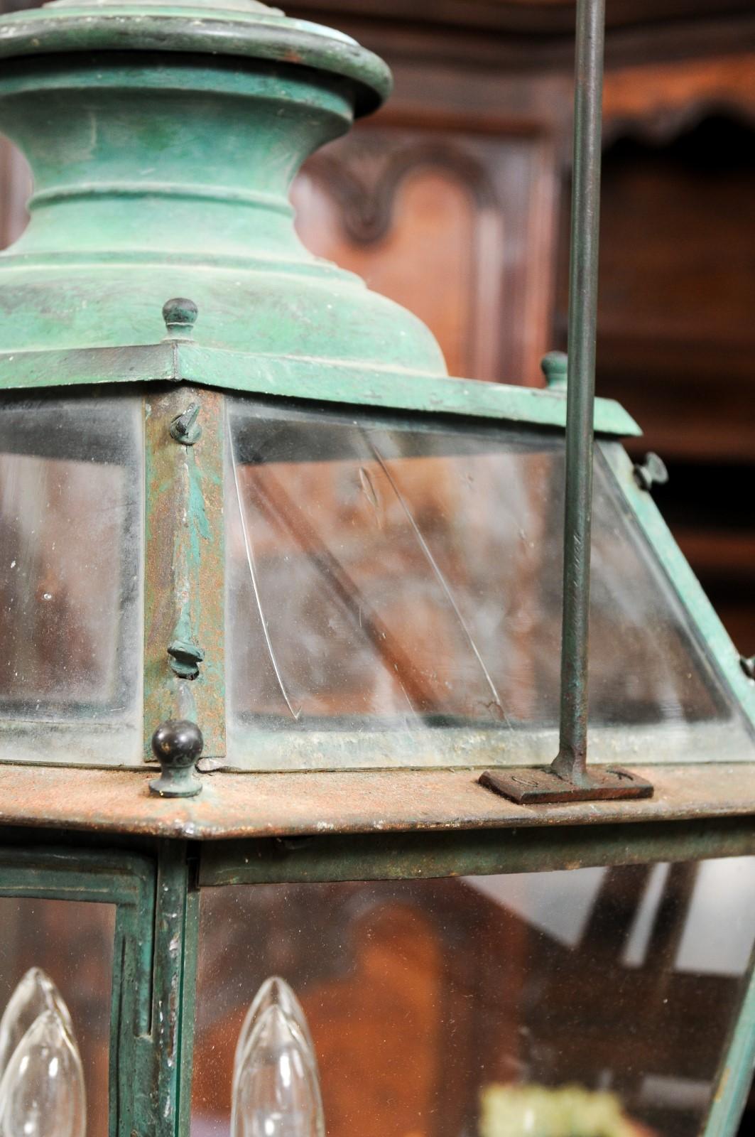 Pair of French 1890s Copper and Glass Four-Light Lanterns with Verdigris Patina 6