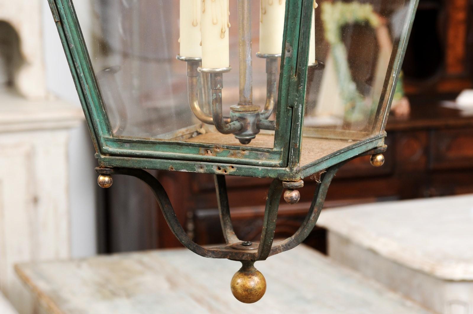 Pair of French 1890s Copper and Glass Four-Light Lanterns with Verdigris Patina 7