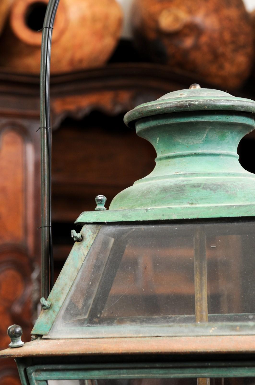Pair of French 1890s Copper and Glass Four-Light Lanterns with Verdigris Patina 8