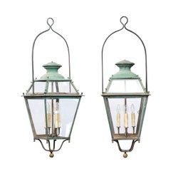 Pair of French 1890s Copper and Glass Four-Light Lanterns with Verdigris Patina