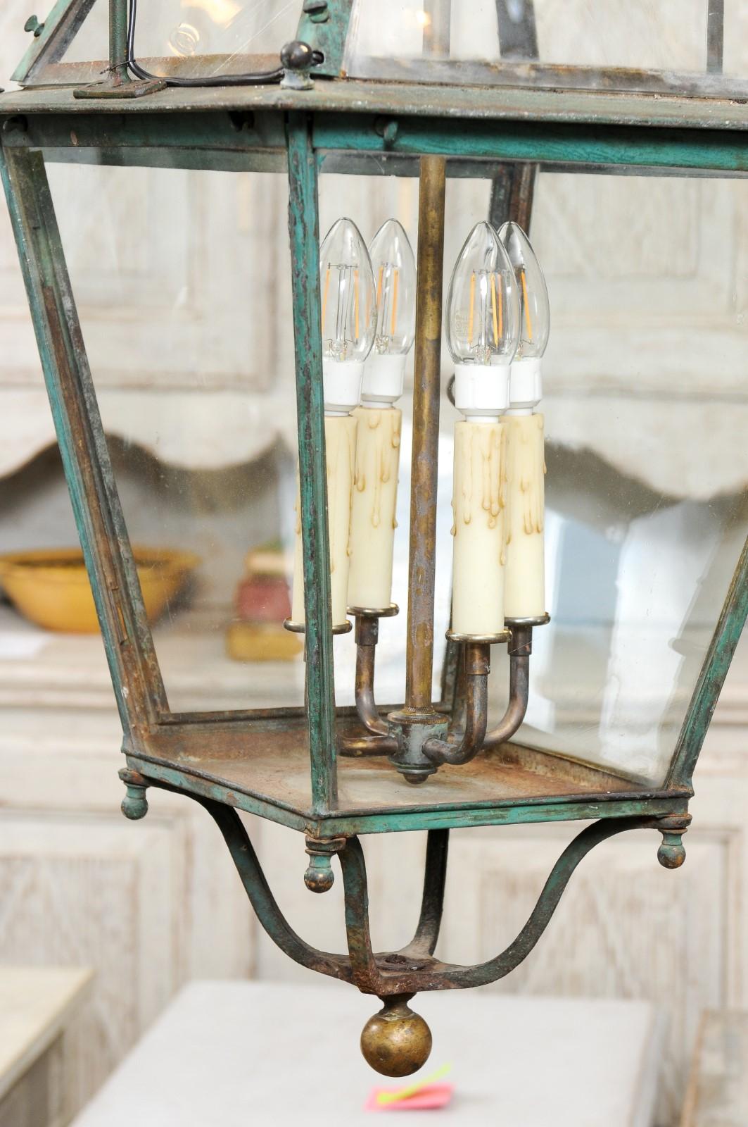 Patinated Pair of French 1890s Copper and Glass Four-Light Lanterns with Verdigris Patina