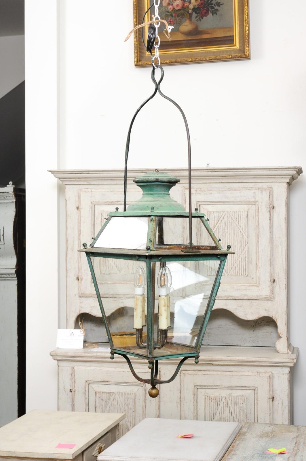 Pair of French 1890s Copper and Glass Four-Light Lanterns with Verdigris Patina In Good Condition In Atlanta, GA