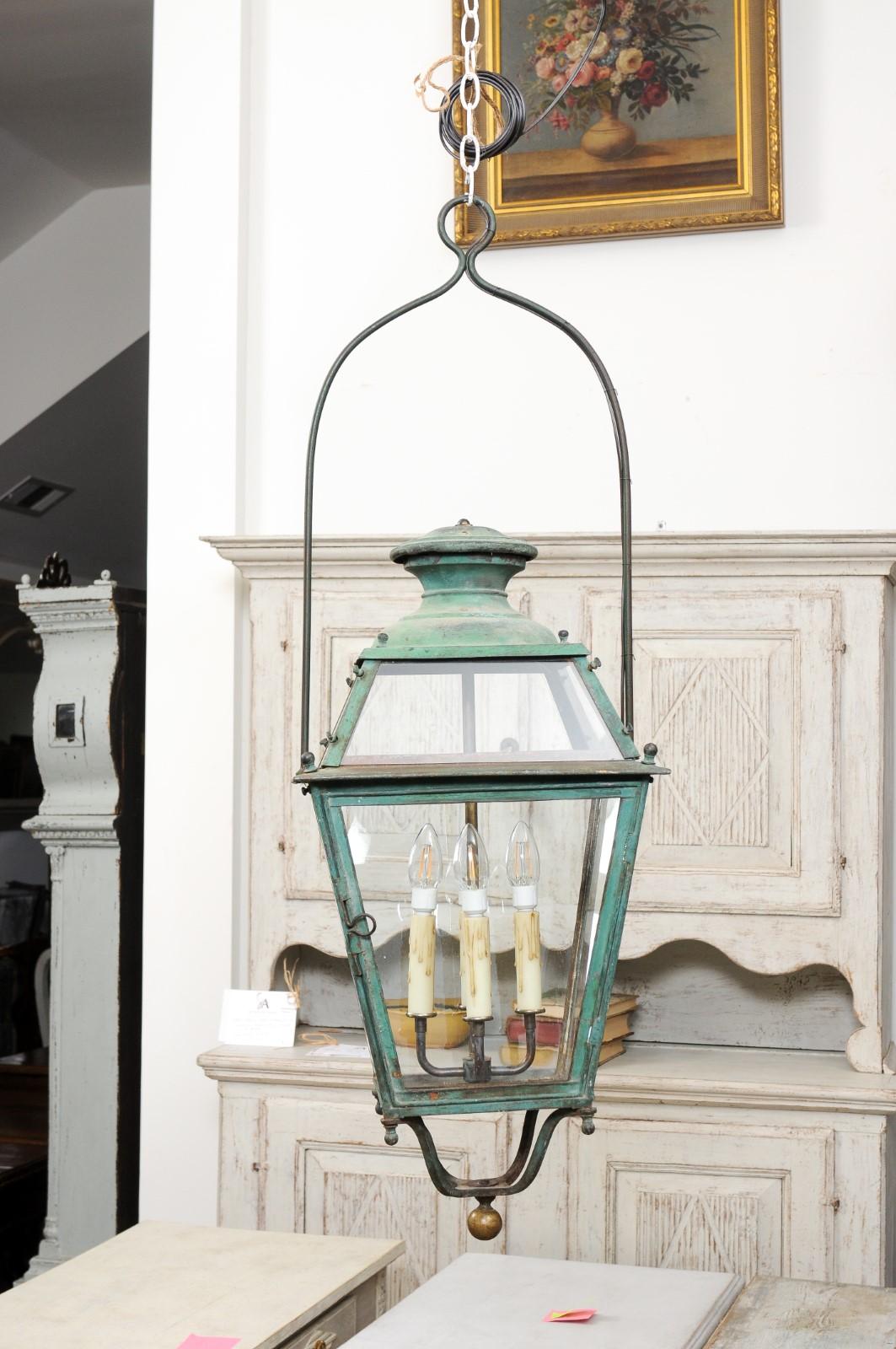 19th Century Pair of French 1890s Copper and Glass Four-Light Lanterns with Verdigris Patina