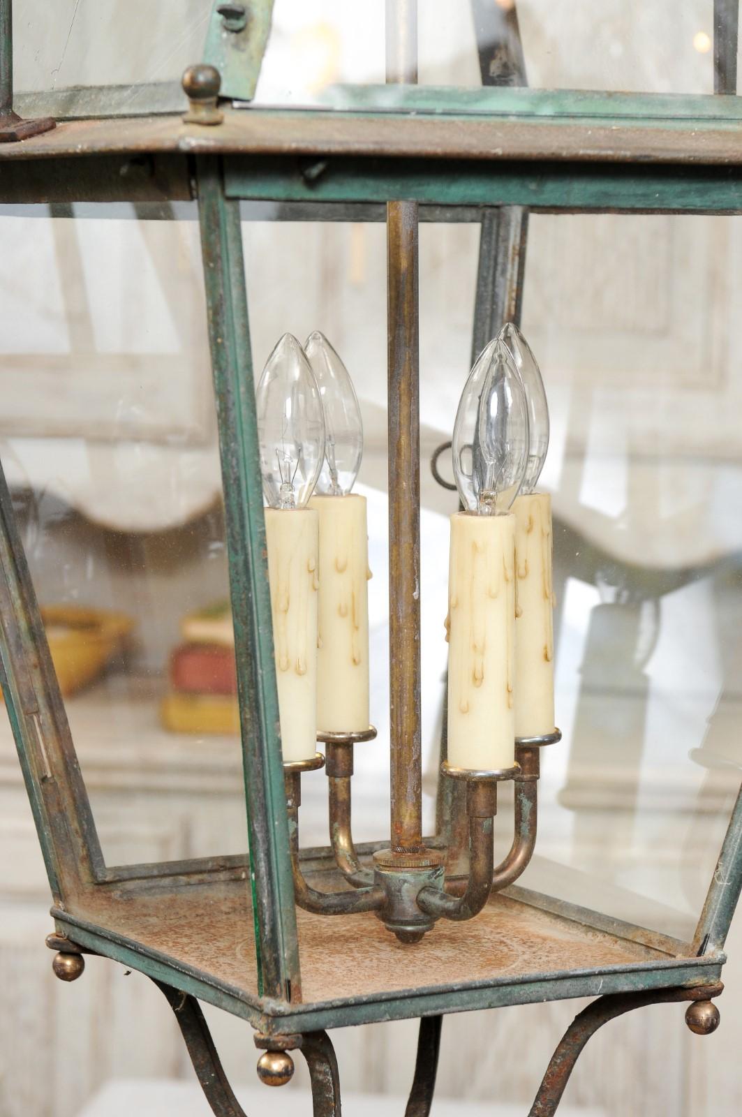 Pair of French 1890s Copper and Glass Four-Light Lanterns with Verdigris Patina 1
