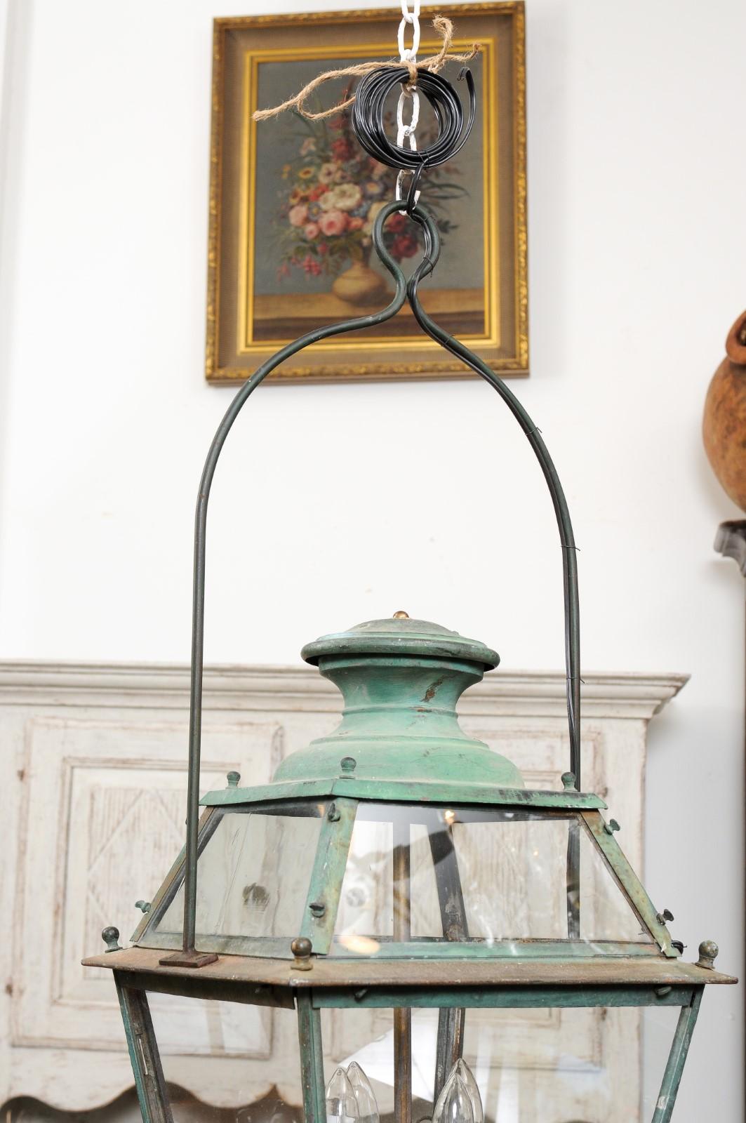 Pair of French 1890s Copper and Glass Four-Light Lanterns with Verdigris Patina 2