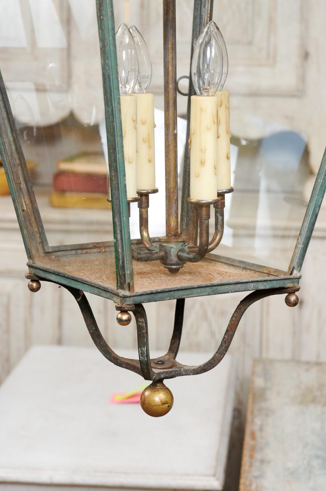 Pair of French 1890s Copper and Glass Four-Light Lanterns with Verdigris Patina 3