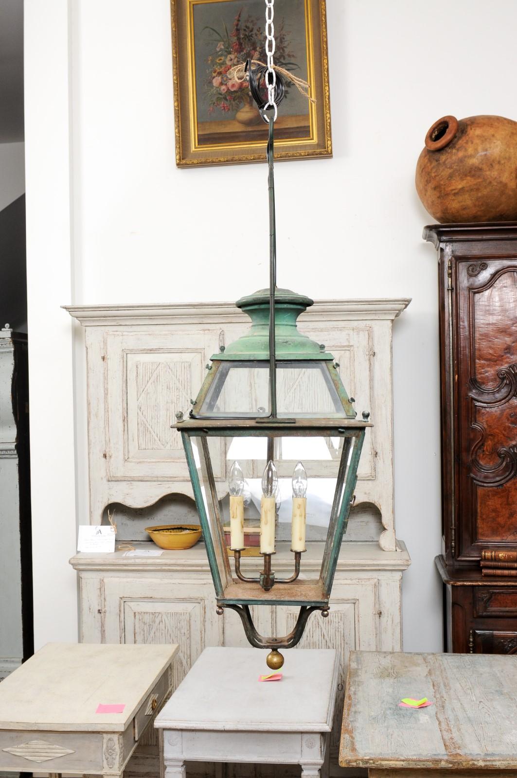 Pair of French 1890s Copper and Glass Four-Light Lanterns with Verdigris Patina 4