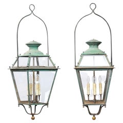 Pair of French 1890s Copper and Glass Four-Light Lanterns with Verdigris Patina