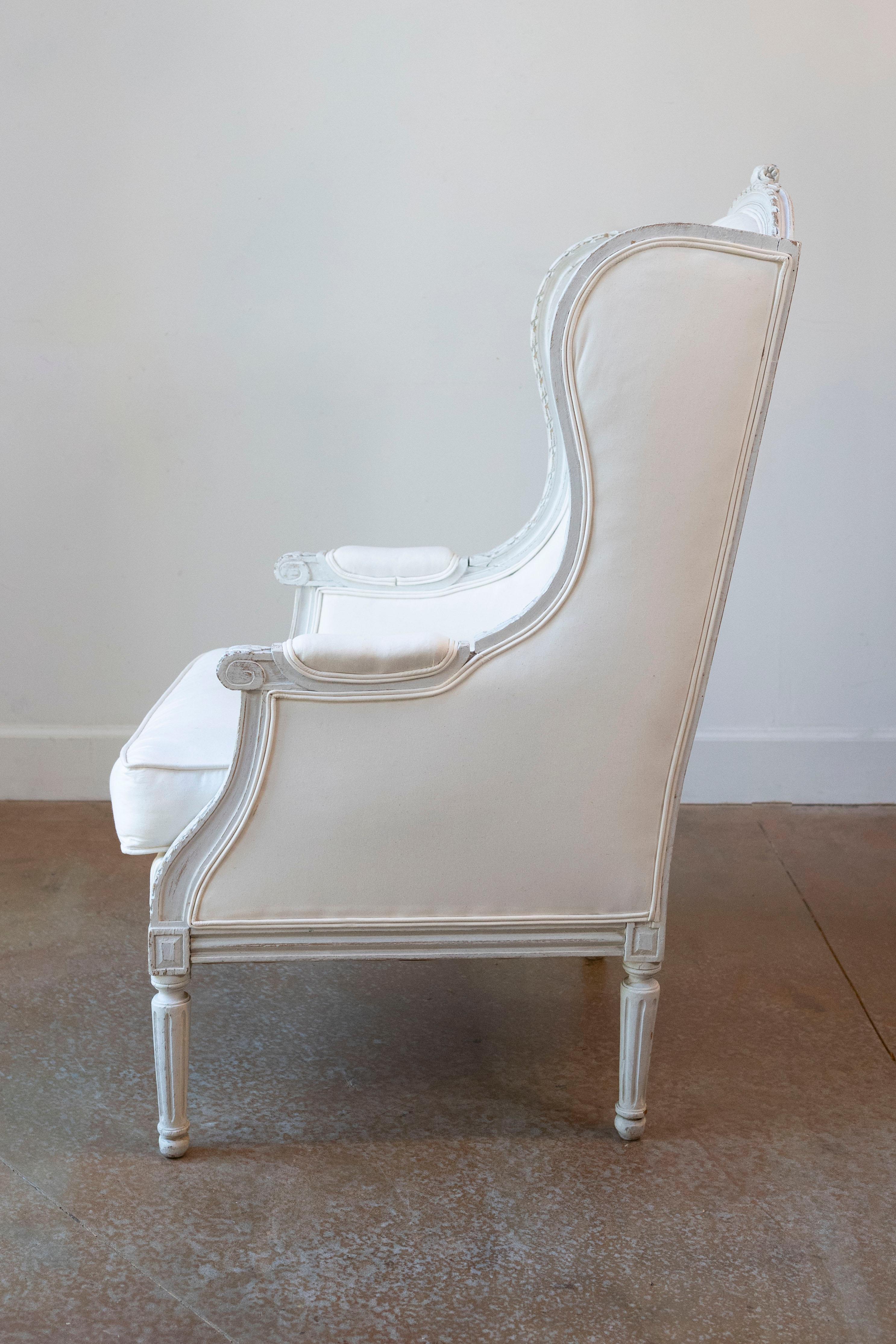 19th Century Pair of French 1890s Louis XVI Style Painted Wood Bergère Chairs with Upholstery