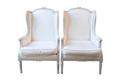 Antique Pair of French 1890s Louis XVI Style Painted Wood Bergère Chairs with Upholstery