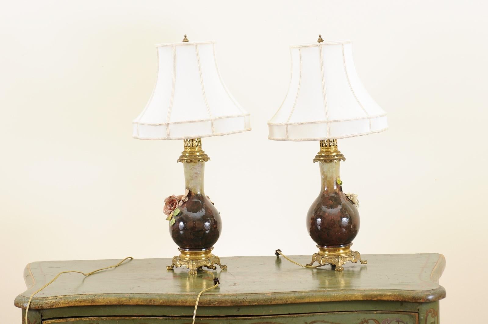 Pair of French 1890s Majolica Vases with Raised Roses Mounted into Table Lamps 6
