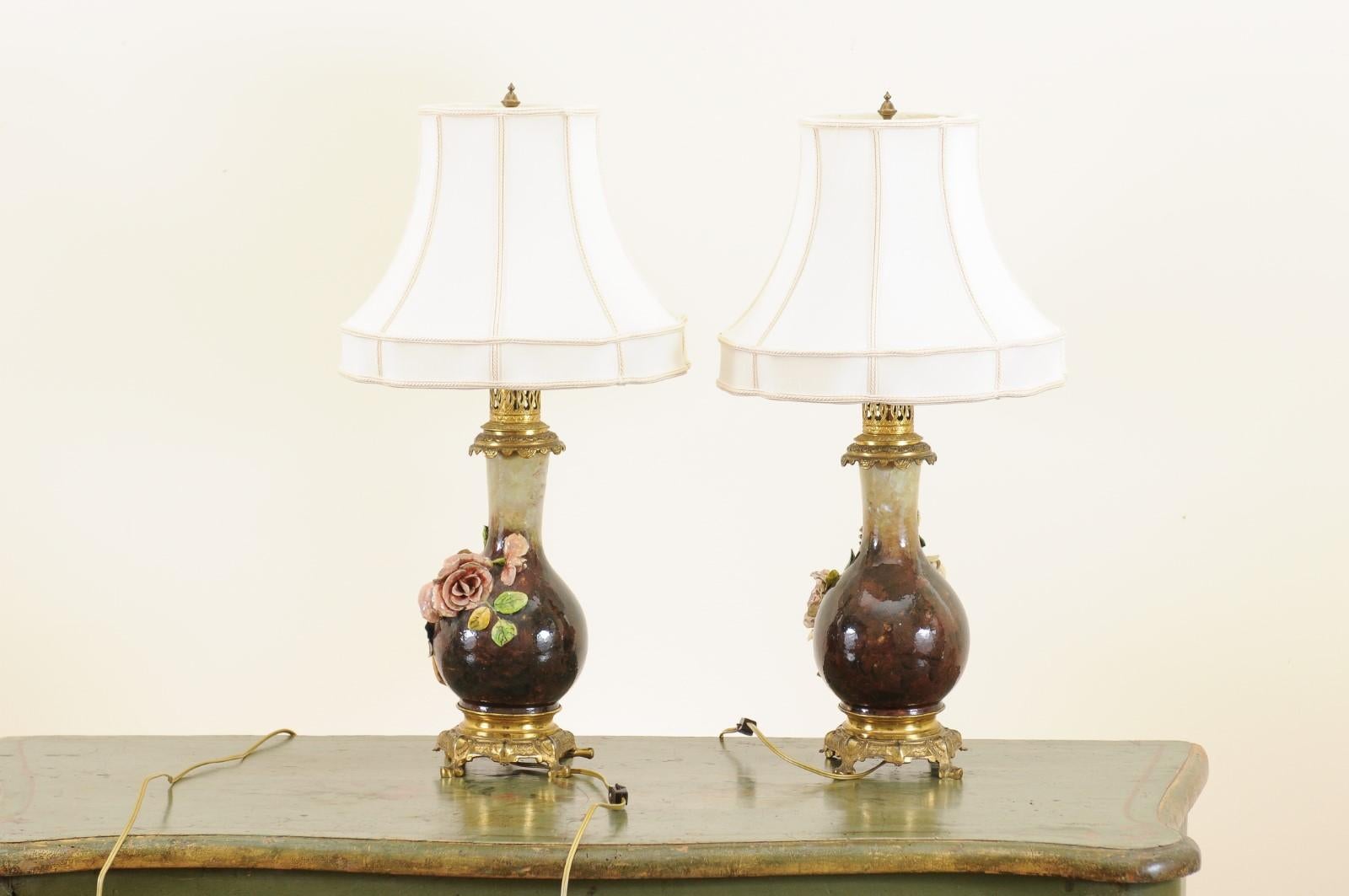 Pair of French 1890s Majolica Vases with Raised Roses Mounted into Table Lamps 7