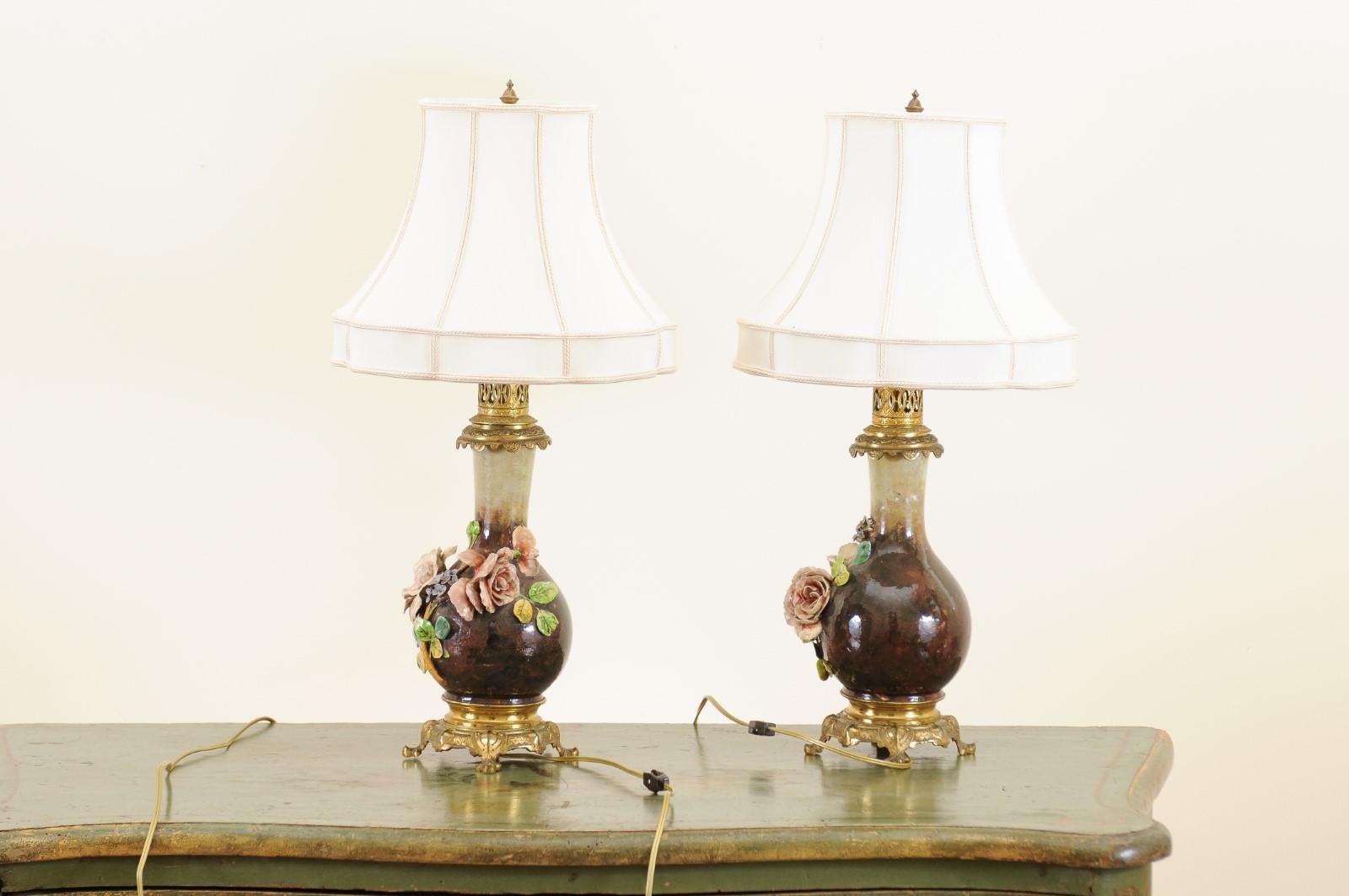 Pair of French 1890s Majolica Vases with Raised Roses Mounted into Table Lamps 8