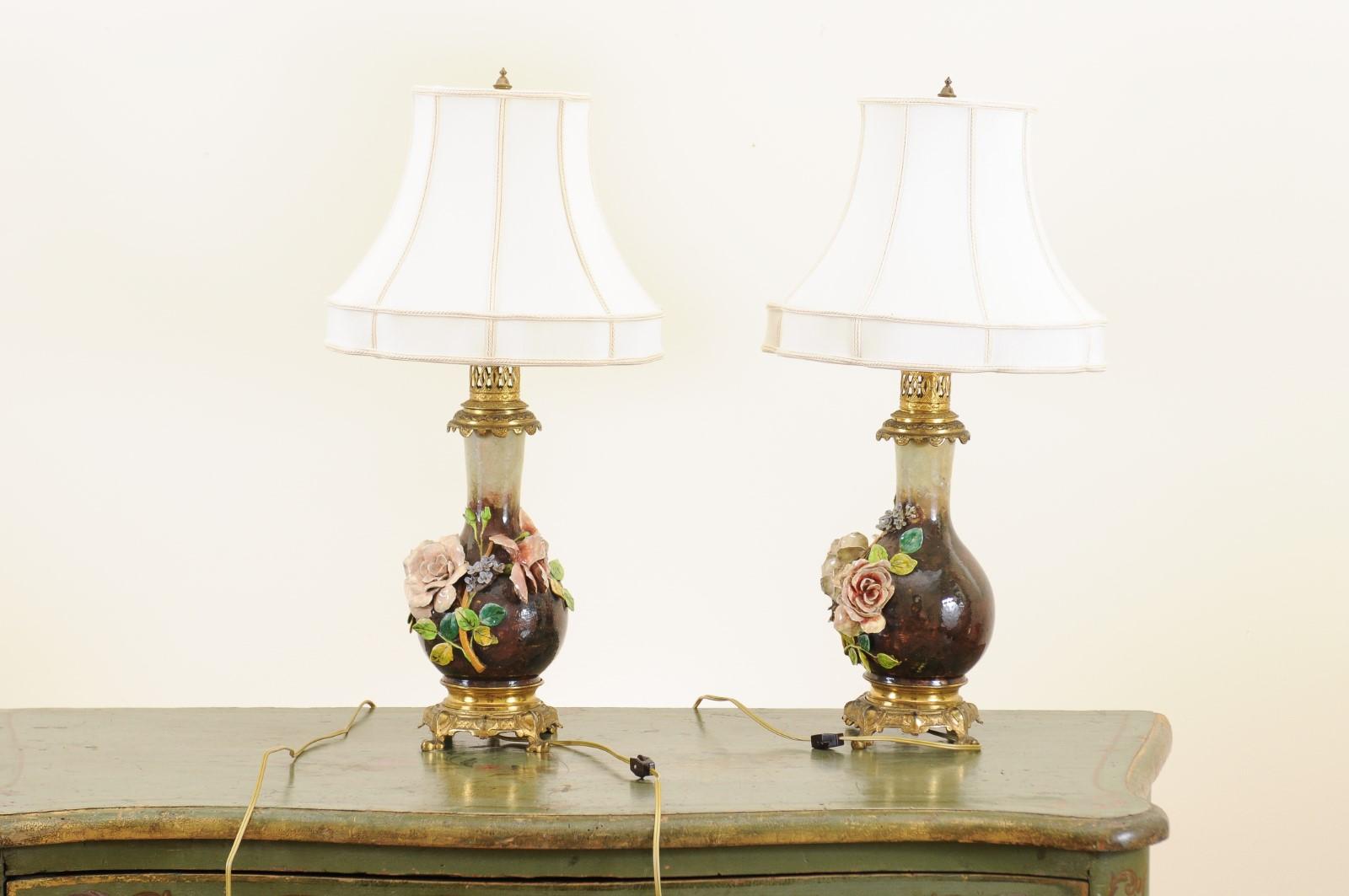 Pair of French 1890s Majolica Vases with Raised Roses Mounted into Table Lamps 9