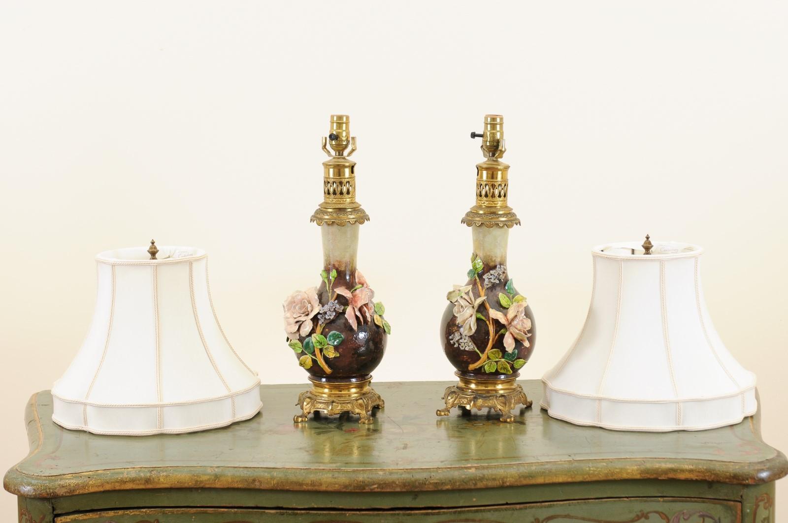 Pair of French 1890s Majolica Vases with Raised Roses Mounted into Table Lamps 10