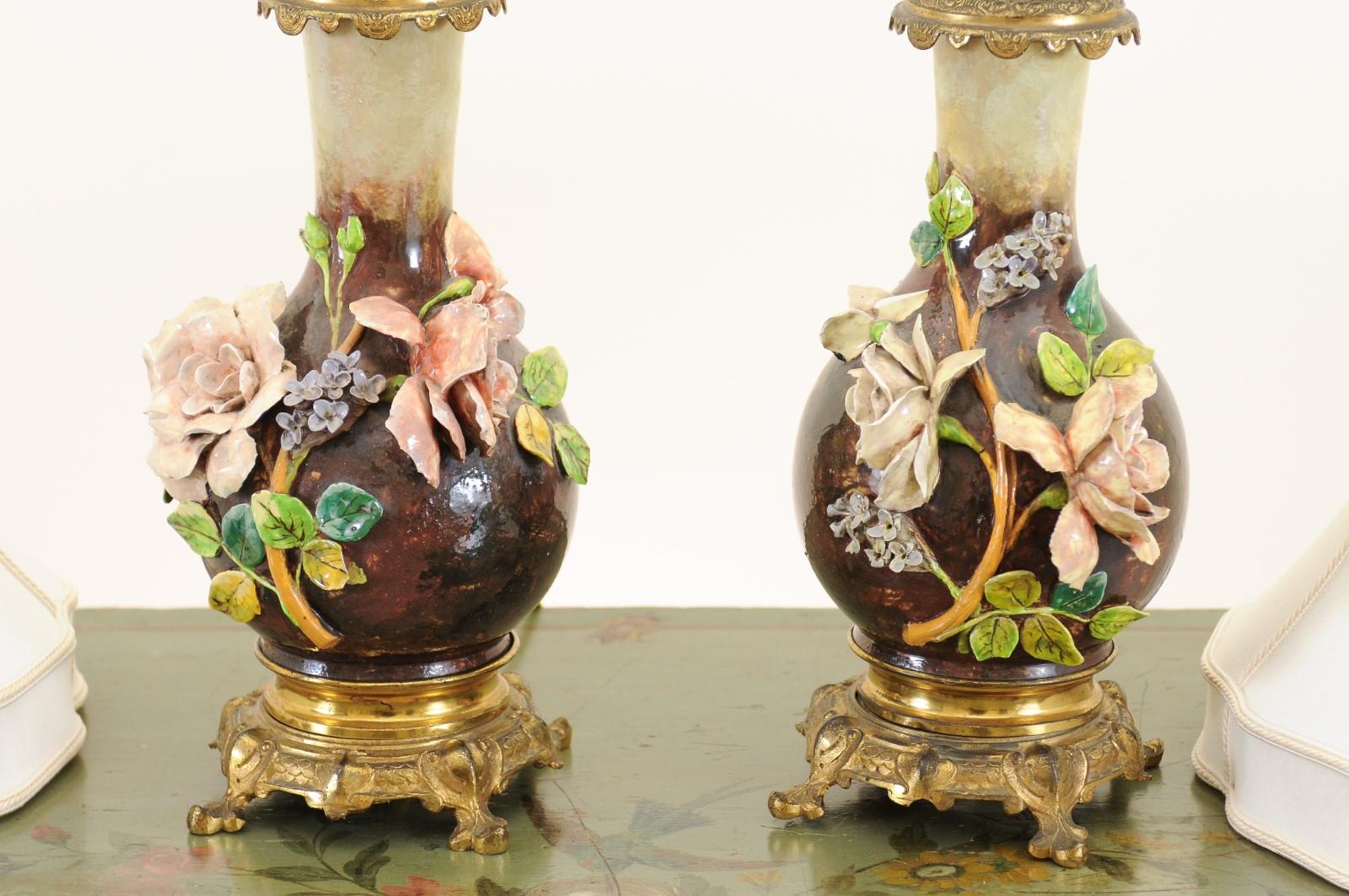 Pair of French 1890s Majolica Vases with Raised Roses Mounted into Table Lamps 11