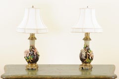 Pair of French 1890s Majolica Vases with Raised Roses Mounted into Table Lamps