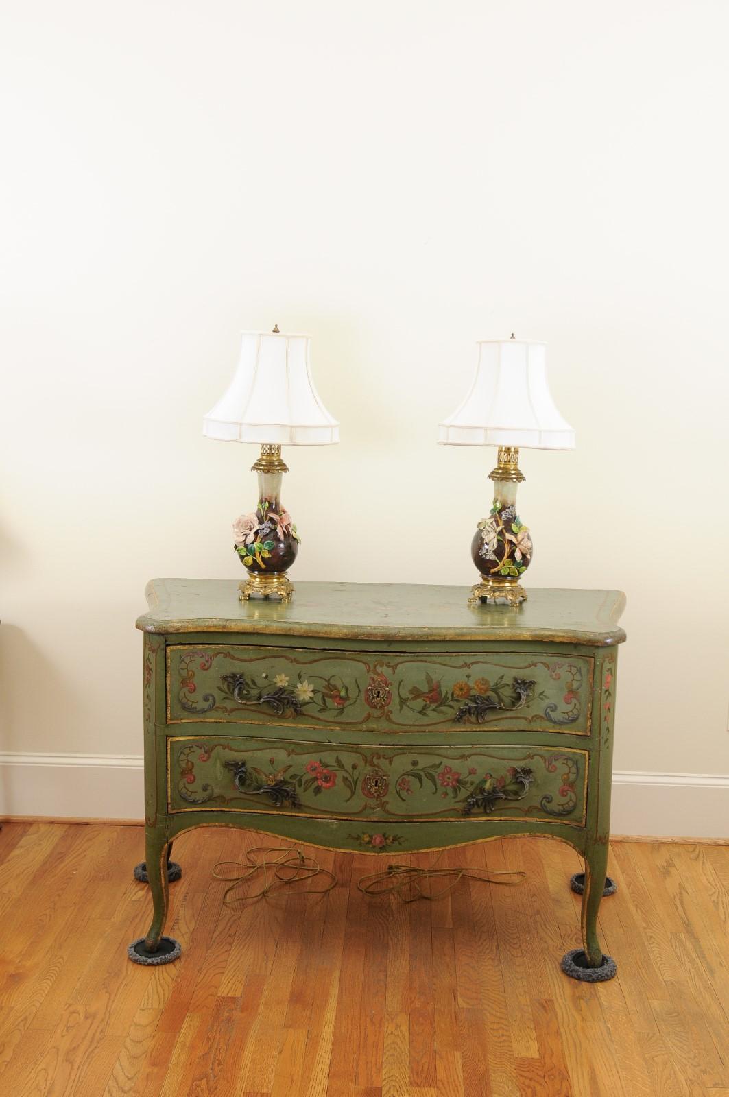 Pair of French 1890s Majolica Vases with Raised Roses Mounted into Table Lamps In Good Condition In Atlanta, GA