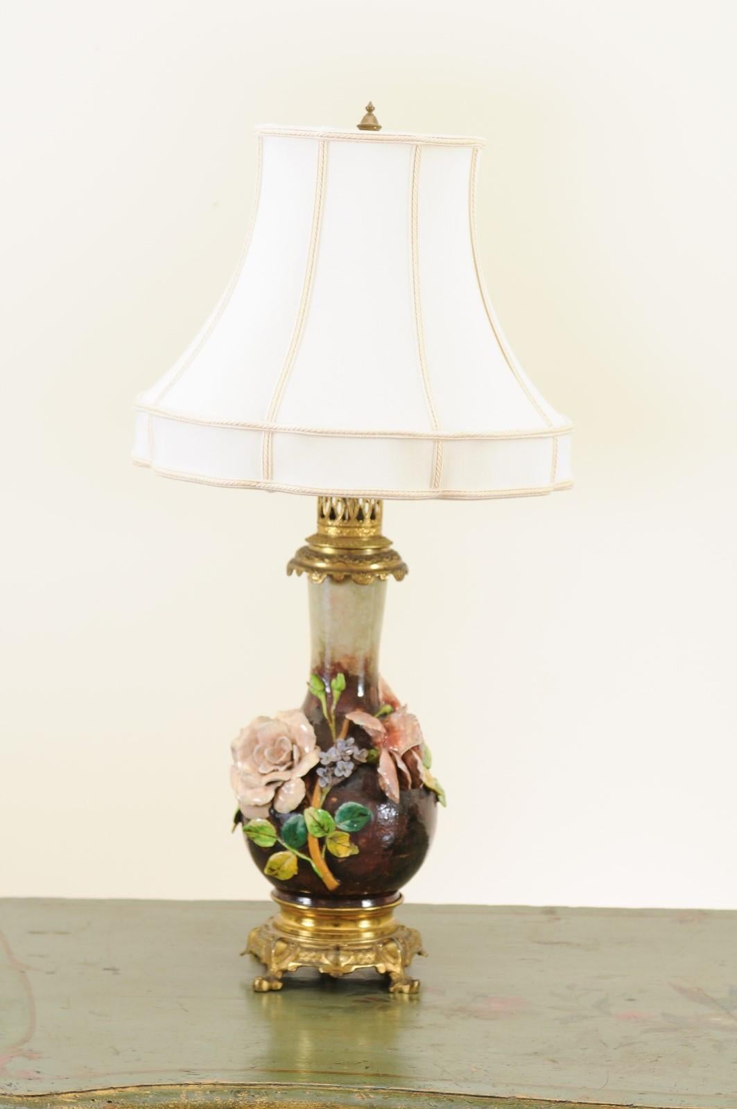 19th Century Pair of French 1890s Majolica Vases with Raised Roses Mounted into Table Lamps