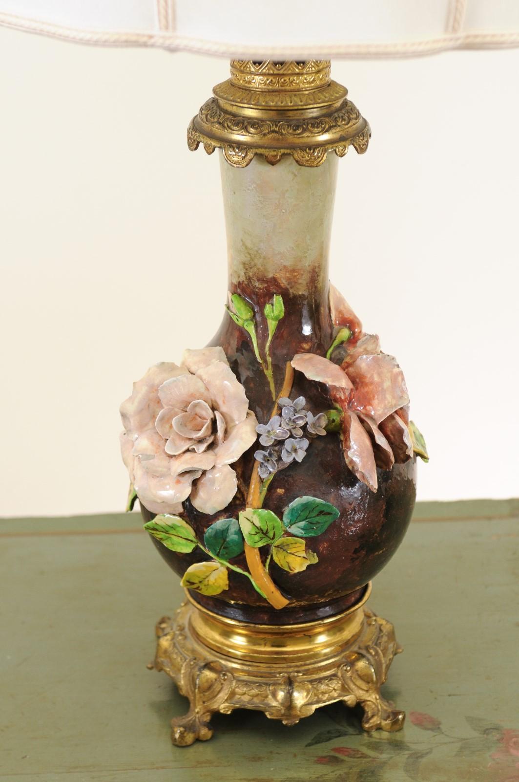 Pair of French 1890s Majolica Vases with Raised Roses Mounted into Table Lamps 1