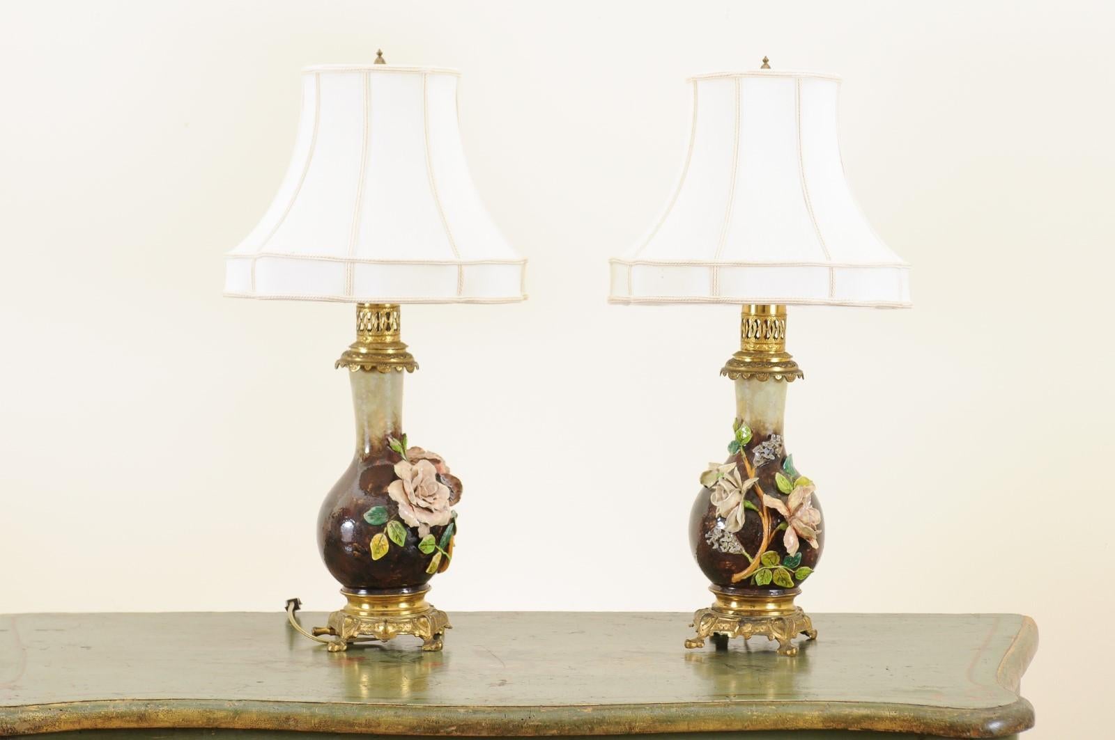 Pair of French 1890s Majolica Vases with Raised Roses Mounted into Table Lamps 3