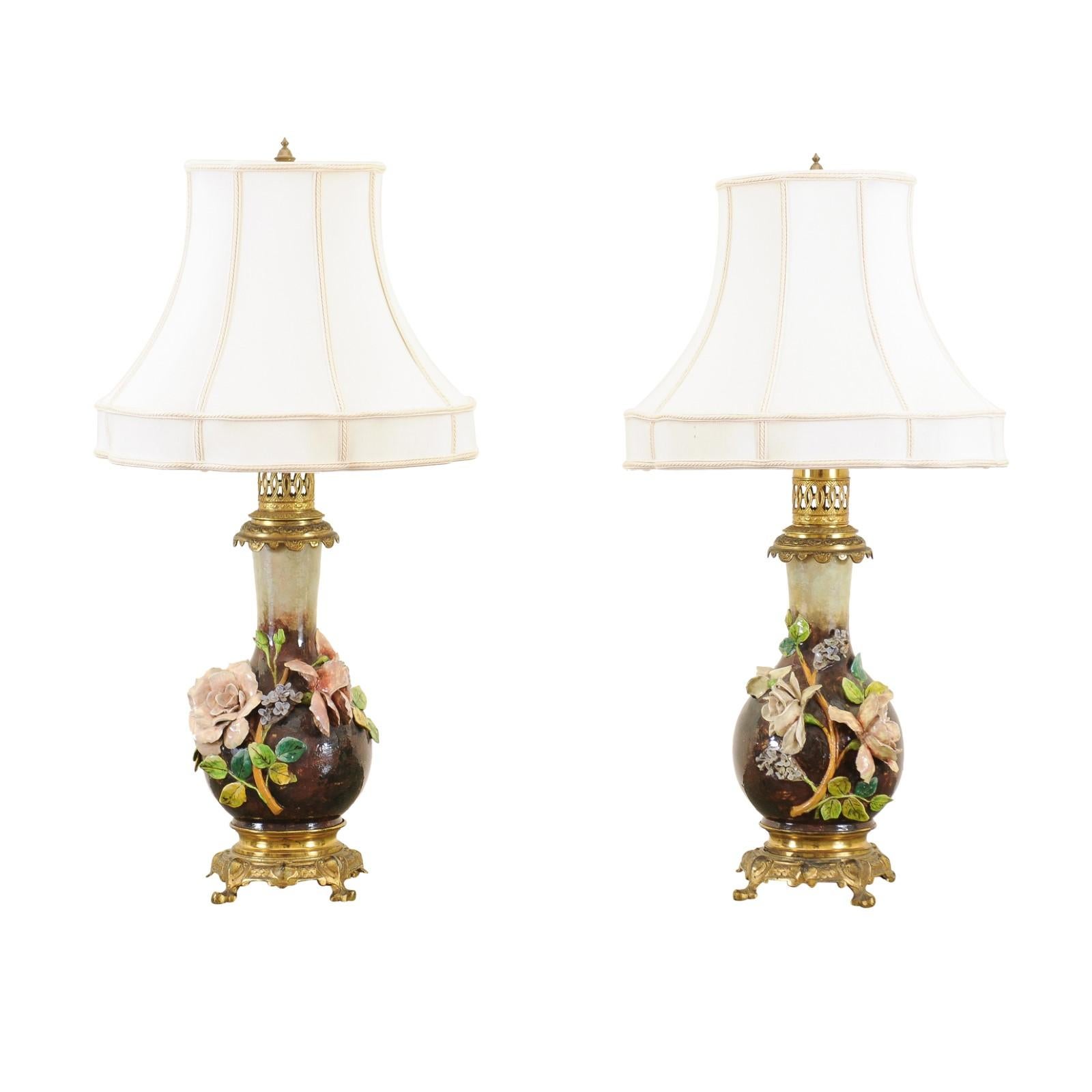 Pair of French 1890s Majolica Vases with Raised Roses Mounted into Table Lamps