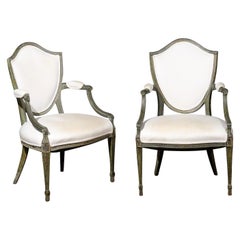 Pair of French 1890s Painted Wood Shield Back Armchairs with Upholstery