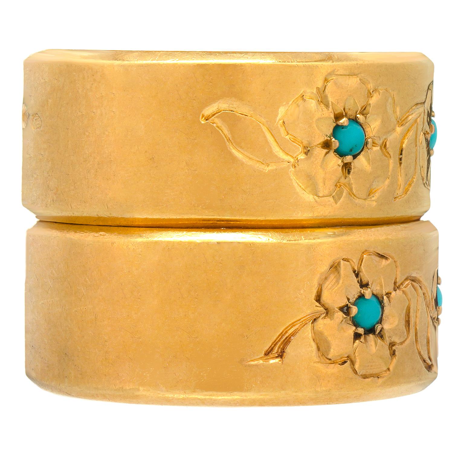 Pair of French 18k Gold and Turquoise Foliate Rings For Sale 4