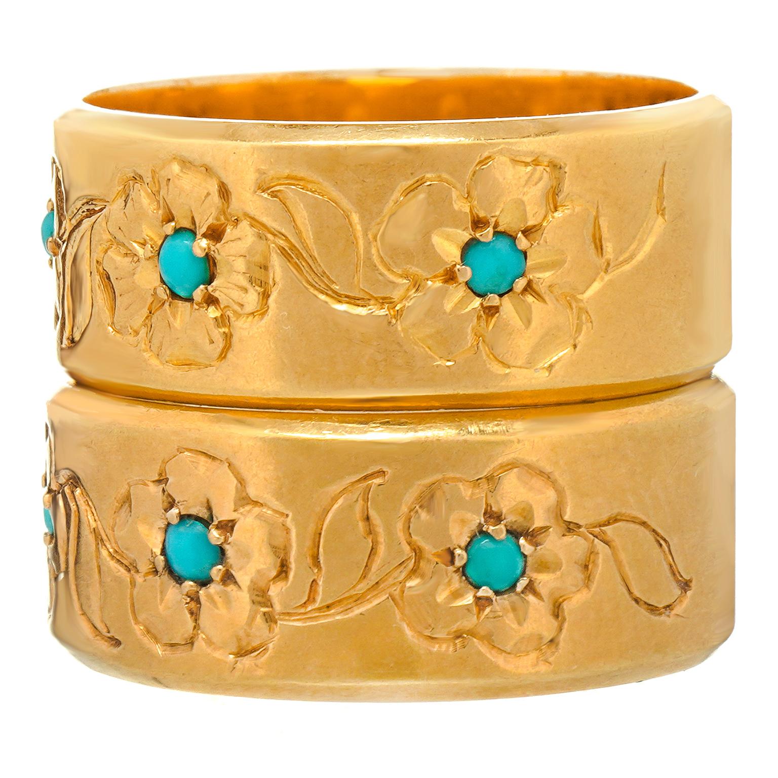 Pair of French 18k Gold and Turquoise Foliate Rings For Sale 1