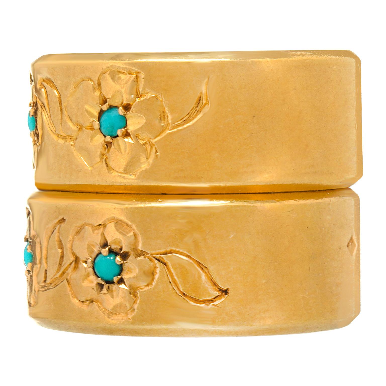 Pair of French 18k Gold and Turquoise Foliate Rings For Sale 3
