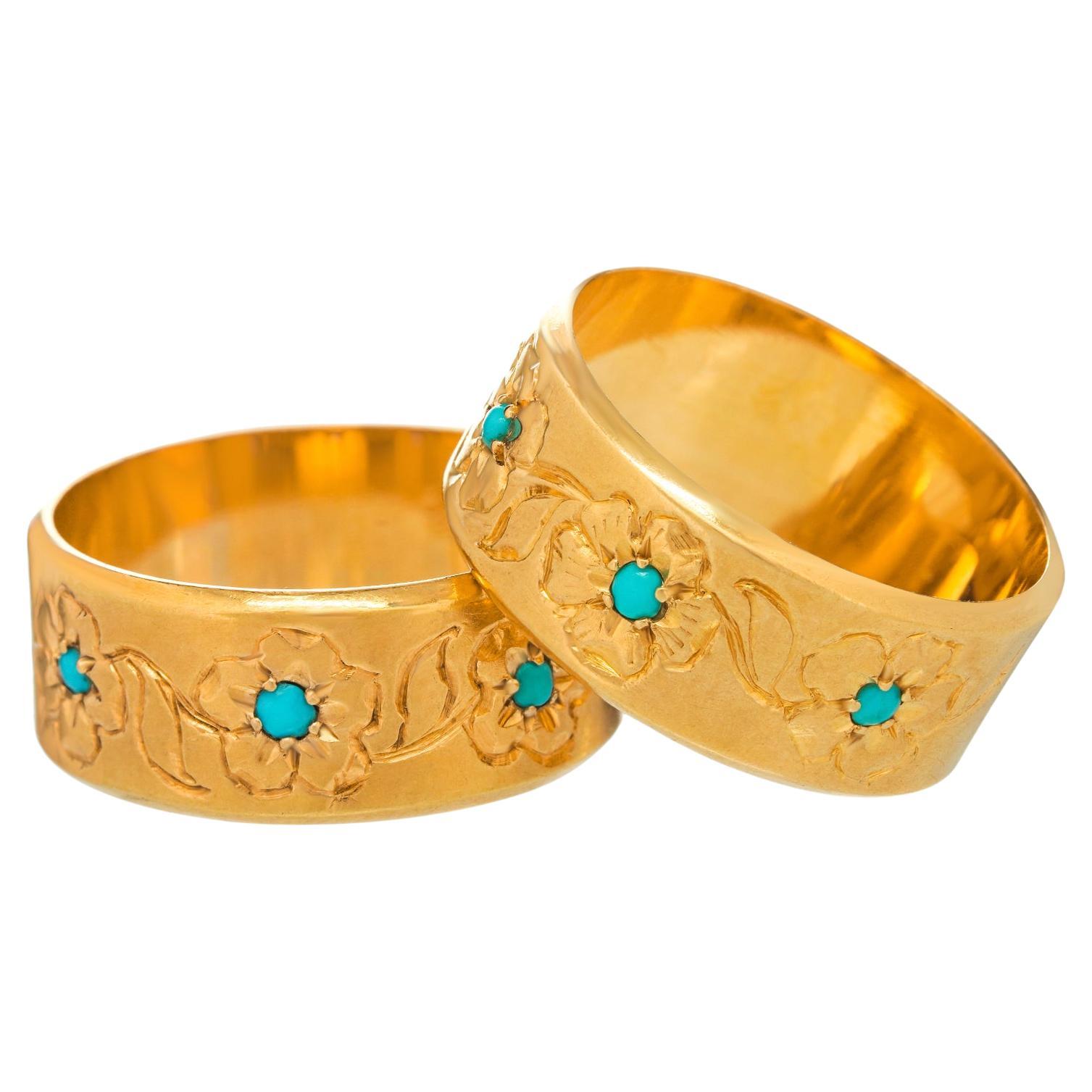Paar französische Ringe aus 18k Gold und Türkis mit Blättern