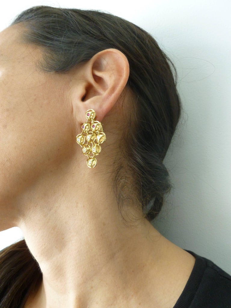 18k Gold, Ruby and Diamond French Chandelier Lever Back Pierced