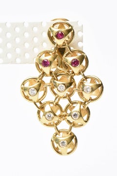 18 Karat Gold, Ruby and Diamond Chandelier Lever Back Pierced Earrings, French