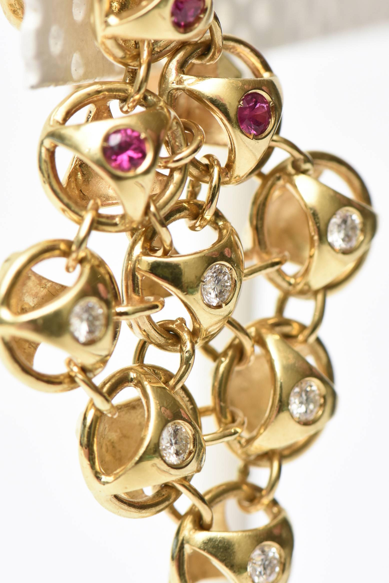 Modern 18 Karat Gold, Ruby and Diamond Chandelier Lever Back Pierced Earrings, French For Sale
